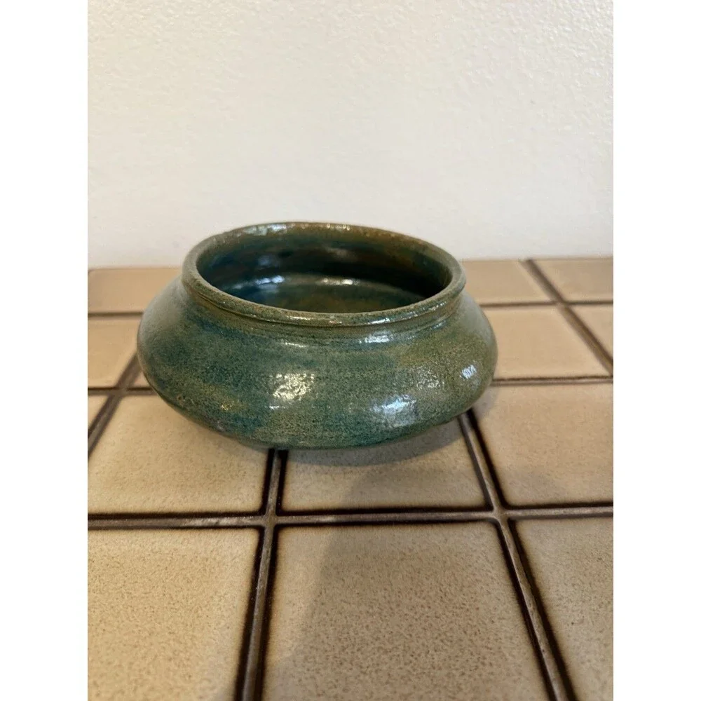 Vintage Studio Art Pottery Bowl Teal Green Glaze Hand Thrown Low Vessel Planter